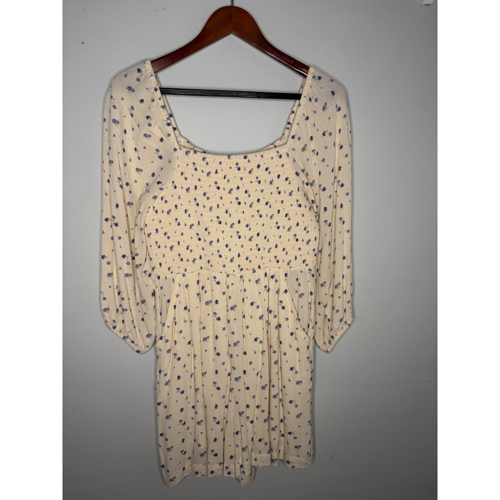 American Eagle Floral Smocked Romper Cream Blue Long Sleeve Small